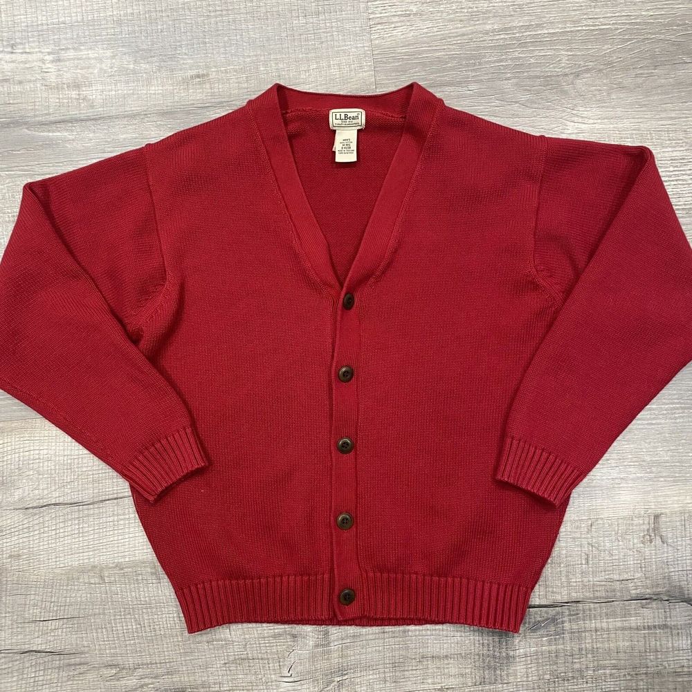 L.L. Bean 100% Cotton Red Cardigan Sweater Size M men’s or L/XL women’s.